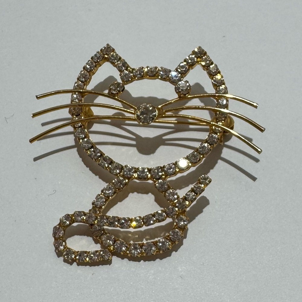 Gold tone and rhinestone Cat Brooch pin - Picture 2 of 6